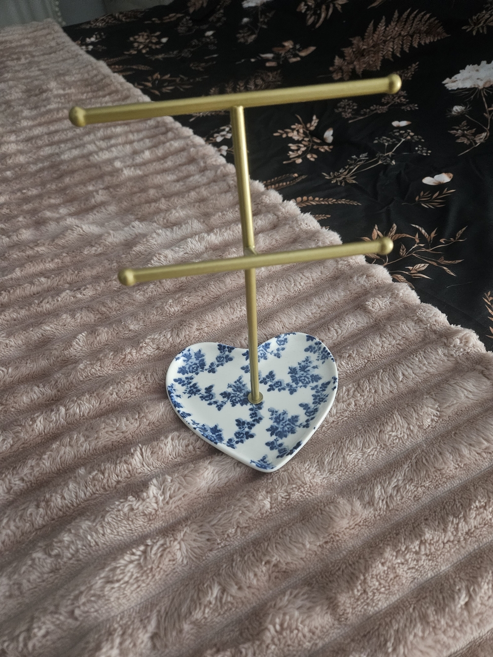 Gold Jewelry Stand with Blue Floral Heart Dish